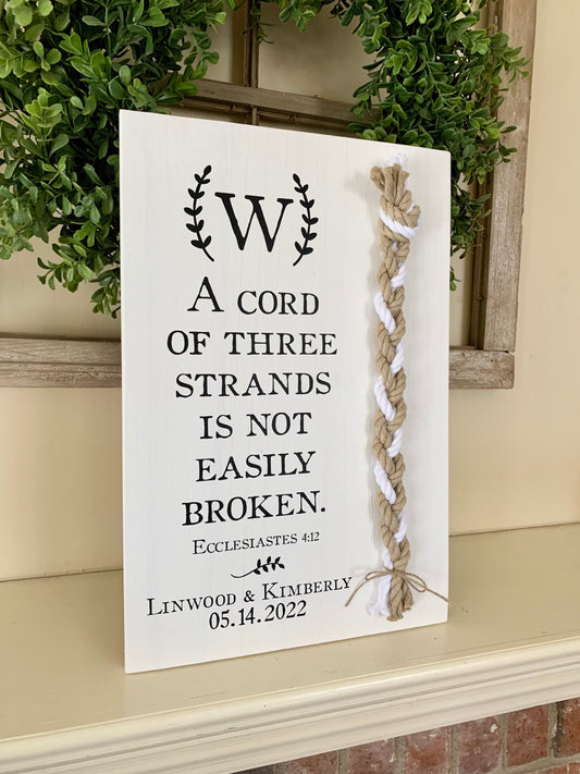 A Cord Of Three Strands Wedding Sign, 2 Natural Cords/1 White Cord, Unity Ceremony Sign, A Cord of 3 Strands, Ecclesiastes 4:12