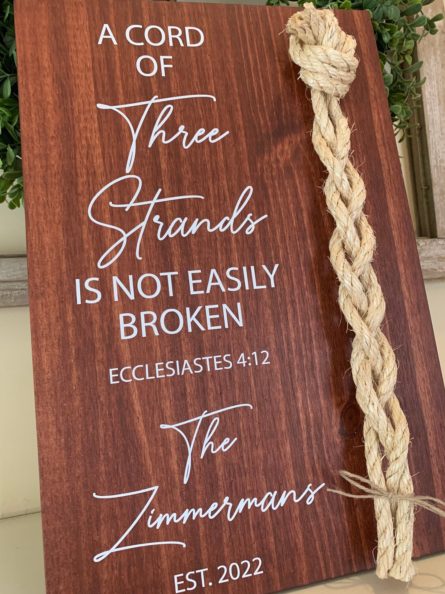 A Cord Of Three Strands Wedding Sign, Sisal Rope Cords, Unity Ceremony Sign, A Cord of 3 Strands, Ecclesiastes 4:12