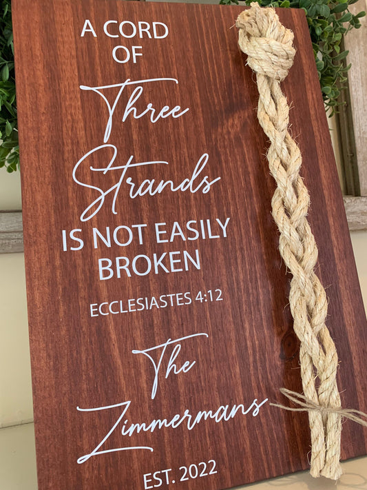 A Cord Of Three Strands Wedding Sign, Sisal Rope Cords, Unity Ceremony Sign, A Cord of 3 Strands, Ecclesiastes 4:12