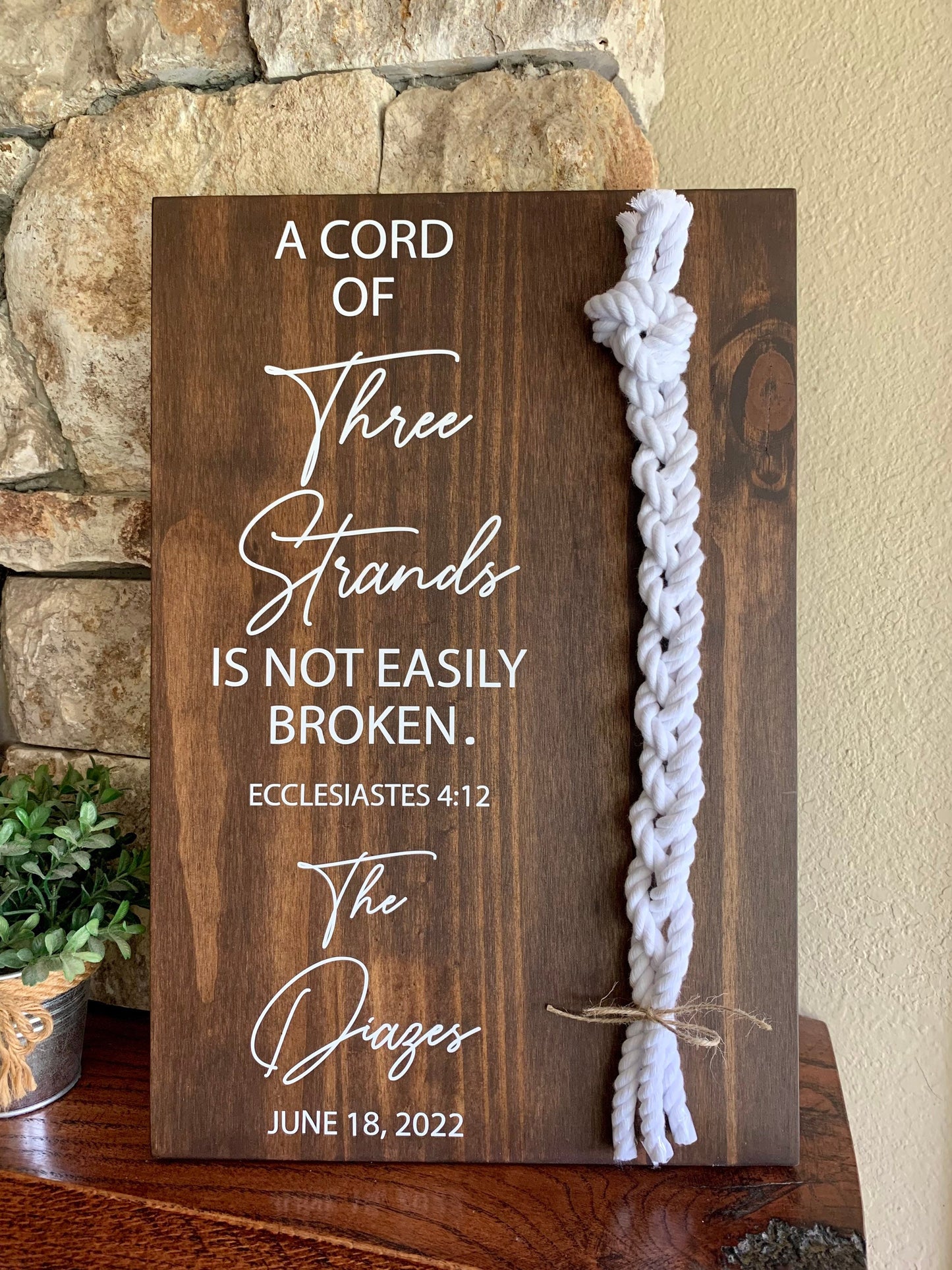 A Cord Of Three Strands Wedding Sign, White Cords, Unity Ceremony Sign, A Cord of 3 Strands, Ecclesiastes 4:12