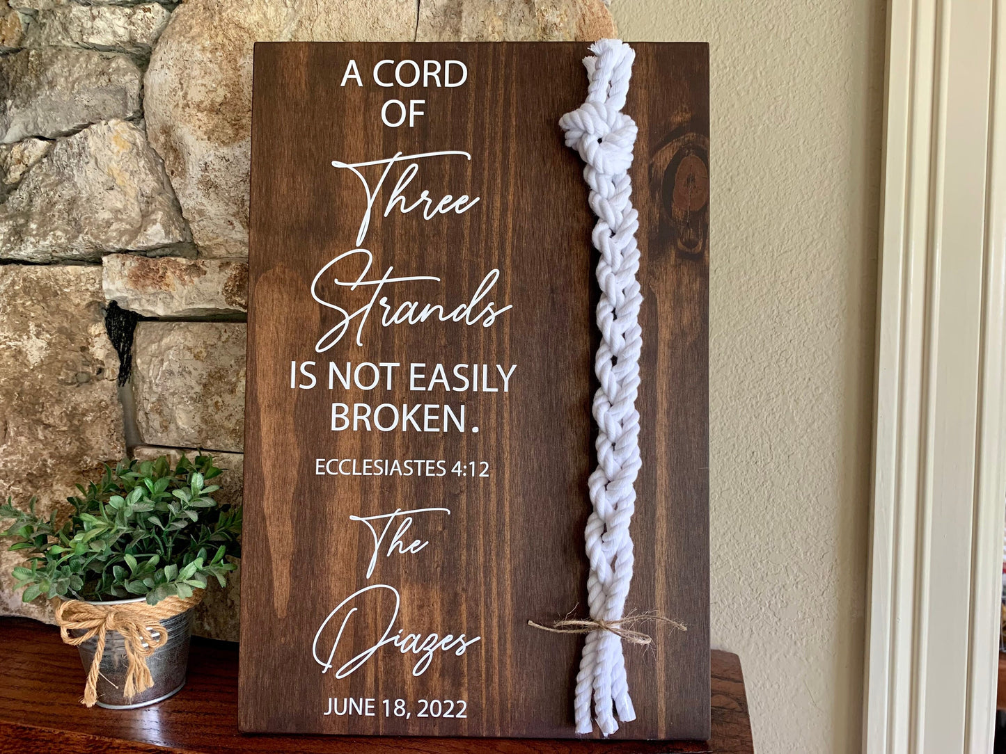 A Cord Of Three Strands Wedding Sign, White Cords, Unity Ceremony Sign, A Cord of 3 Strands, Ecclesiastes 4:12