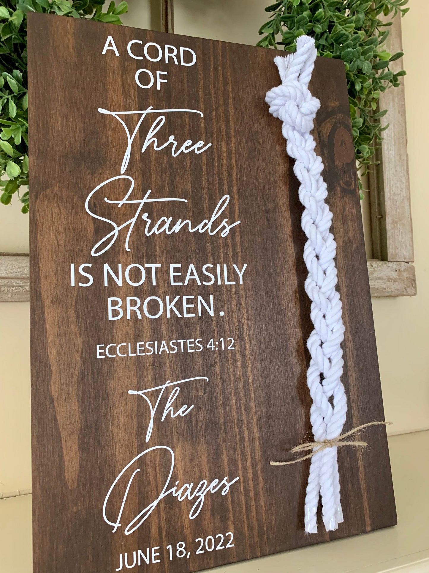 A Cord Of Three Strands Wedding Sign, White Cords, Unity Ceremony Sign, A Cord of 3 Strands, Ecclesiastes 4:12