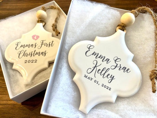 Baby's First Christmas Ornament  |  Engraved Ceramic Ornament