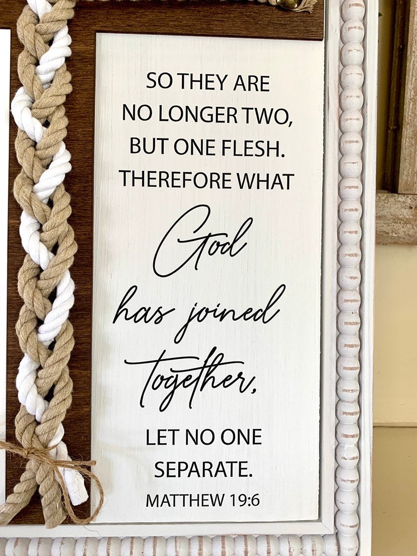 Matthew 19:6 What God has joined together let no one separate, unity ceremony, braided cord cross sign, natural & white cords.
