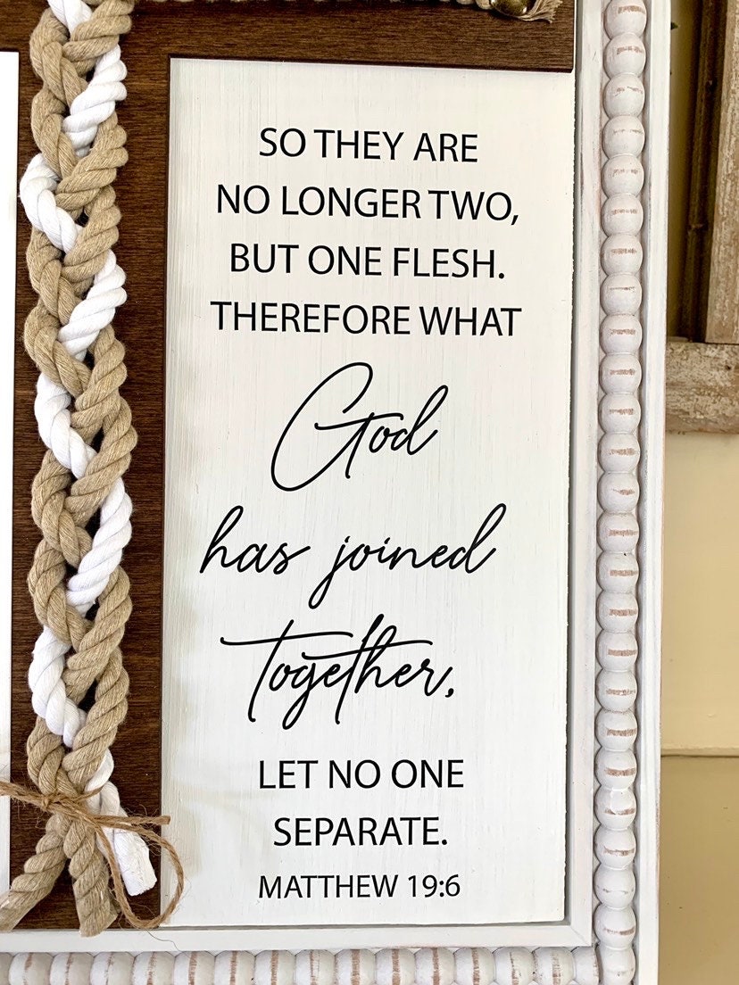 Matthew 19:6 What God has joined together let no one separate, unity ceremony, braided cord cross sign, natural & white cords.