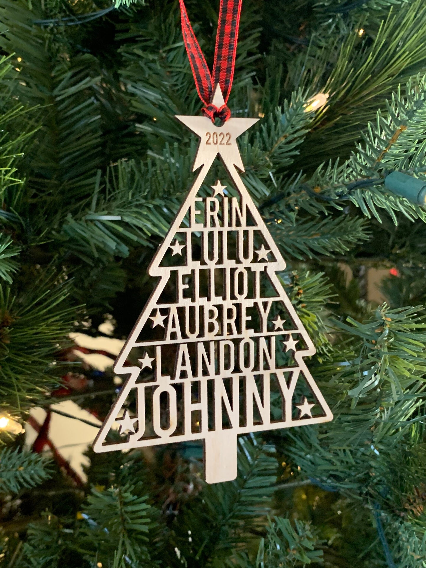 Family Names Tree Ornament, Custom Laser Cut Wood Ornament