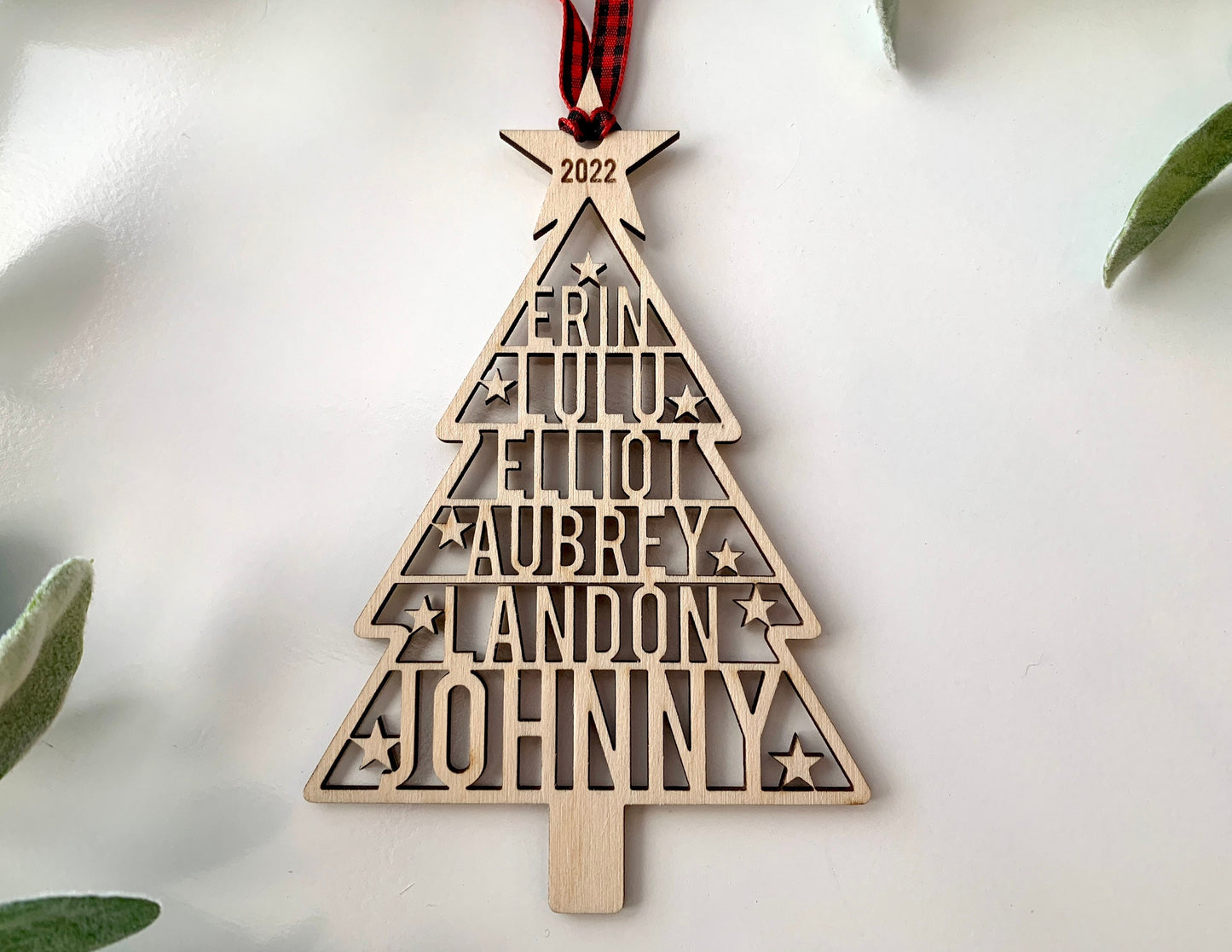 Family Names Tree Ornament, Custom Laser Cut Wood Ornament