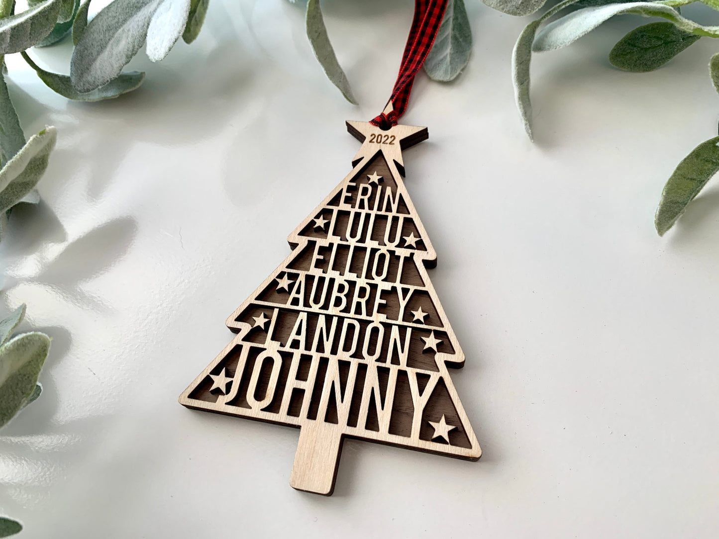 Family Names Tree Ornament, Custom Laser Cut Wood Ornament