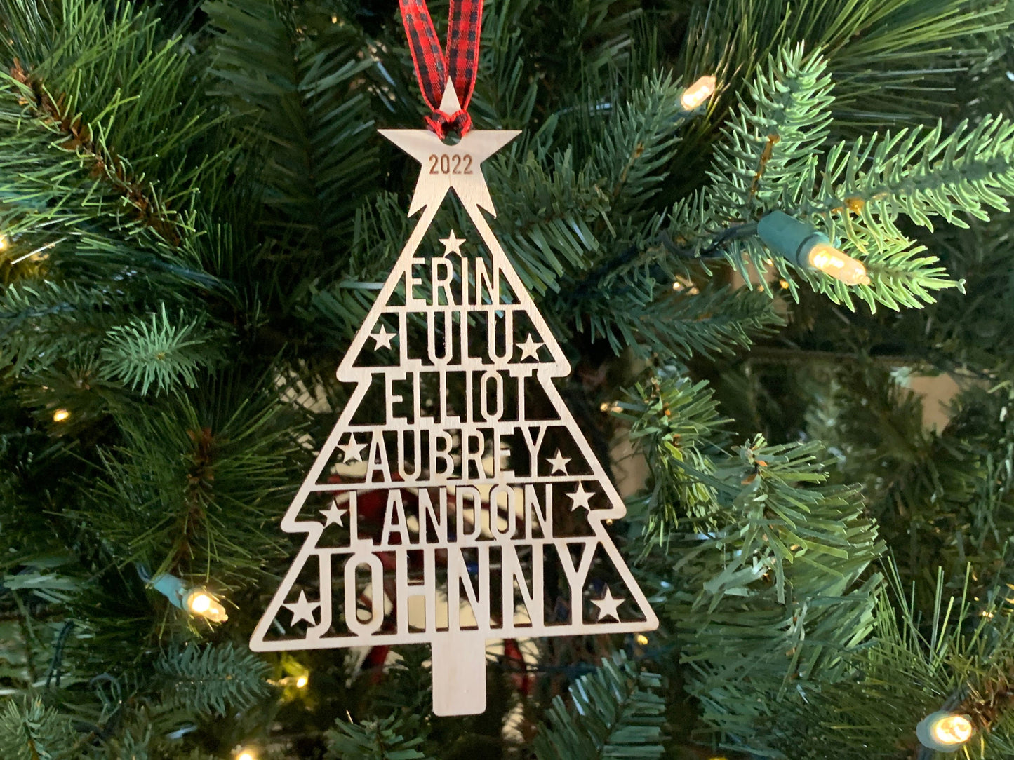 Family Names Tree Ornament, Custom Laser Cut Wood Ornament