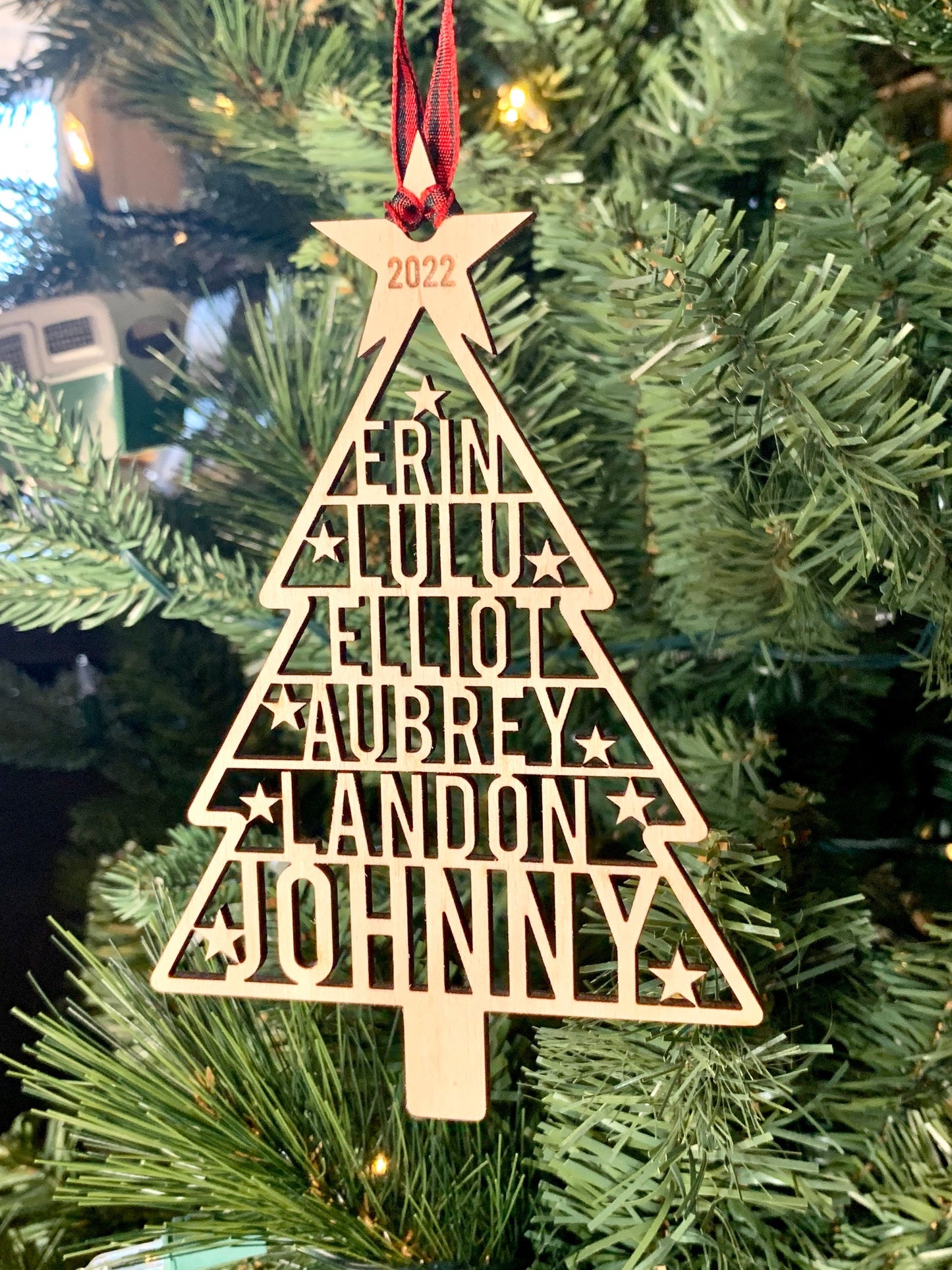 Family Names Tree Ornament, Custom Laser Cut Wood Ornament