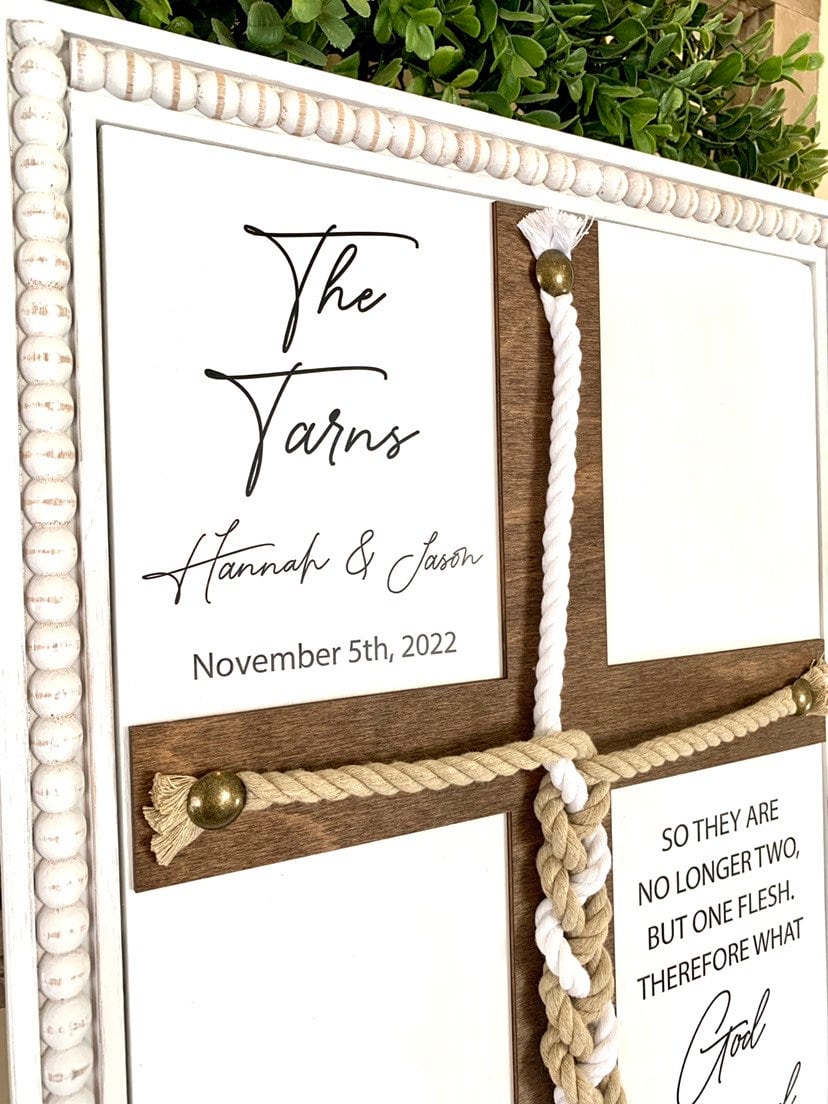 Matthew 19:6 What God has joined together let no one separate, unity ceremony, braided cord cross sign, natural & white cords.