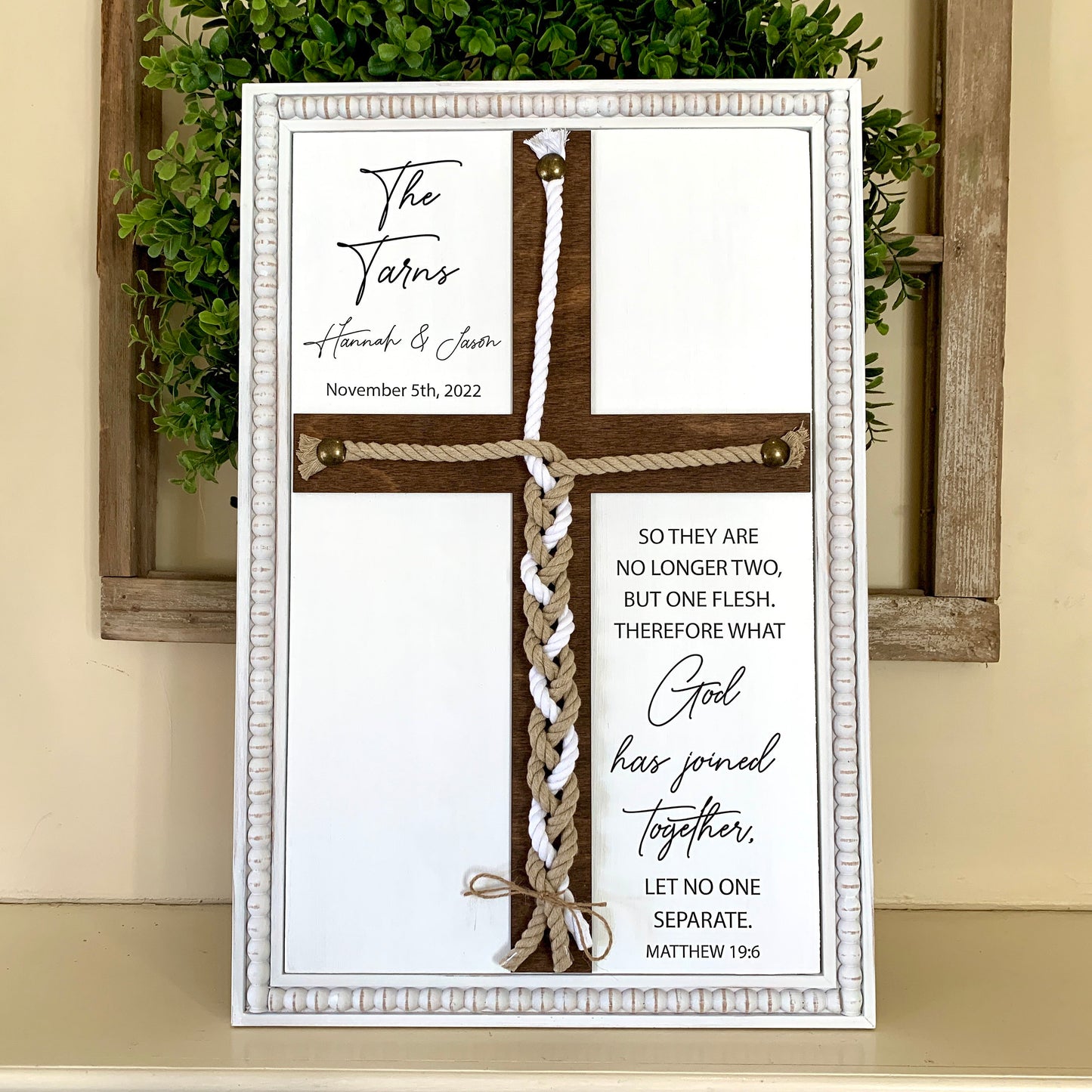 Matthew 19:6 What God has joined together let no one separate, unity ceremony, braided cord cross sign, natural & white cords.