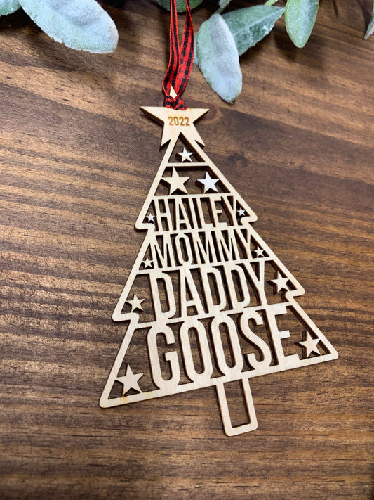 Family Names Tree Ornament, Custom Laser Cut Wood Ornament