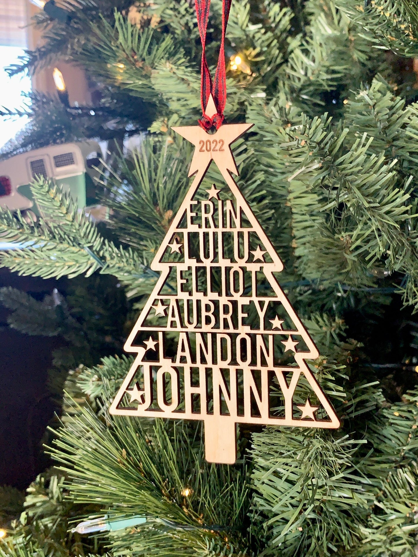 Family Names Tree Ornament, Custom Laser Cut Wood Ornament