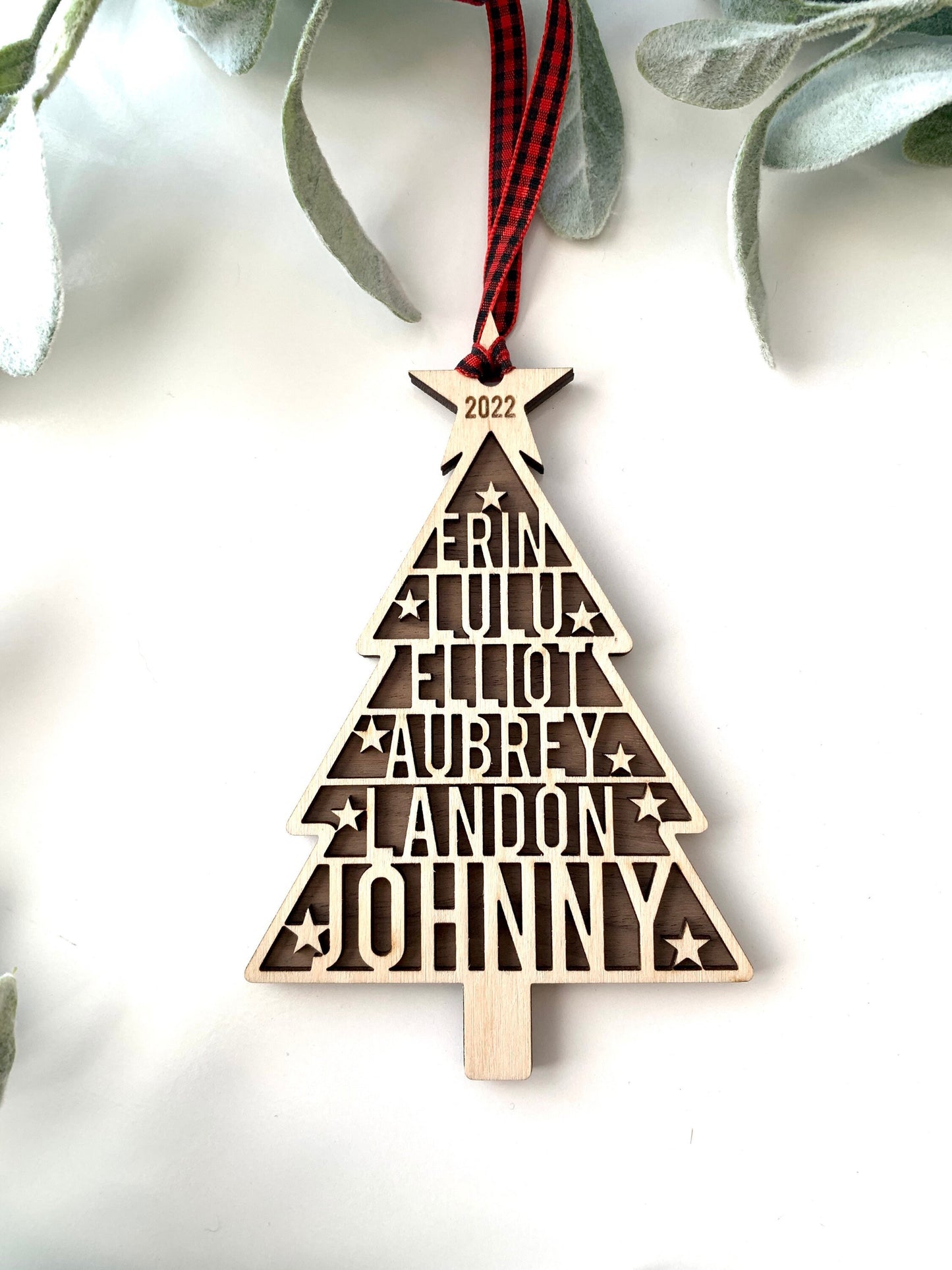 Family Names Tree Ornament, Custom Laser Cut Wood Ornament