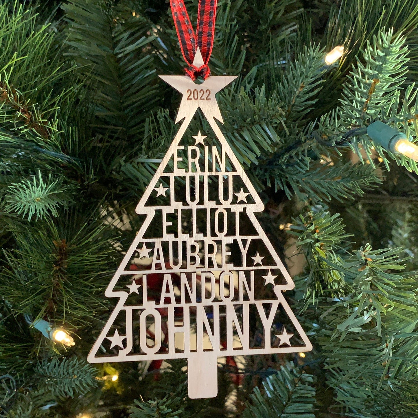 Family Names Tree Ornament, Custom Laser Cut Wood Ornament