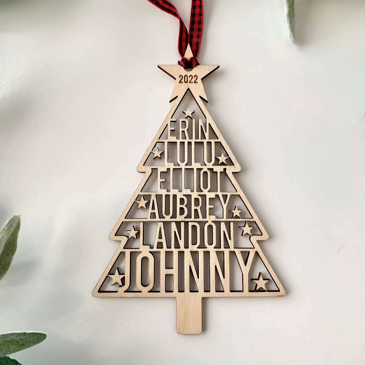 Family Names Tree Ornament, Custom Laser Cut Wood Ornament