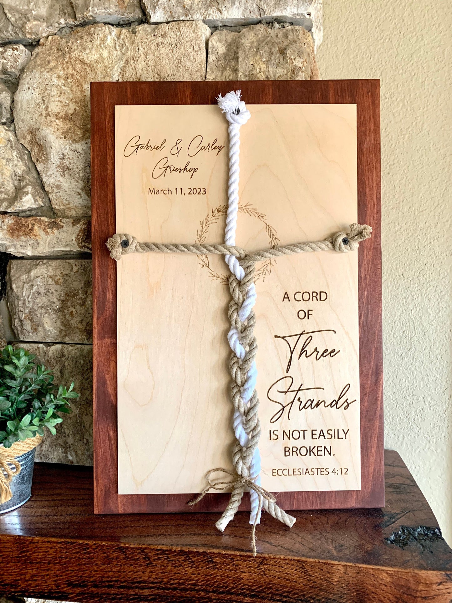 ENGRAVED, A Cord of Three Strands is Not Easily Broken Unity Ceremony Sign, Personalized Gift for Couple, Anniversary Gift