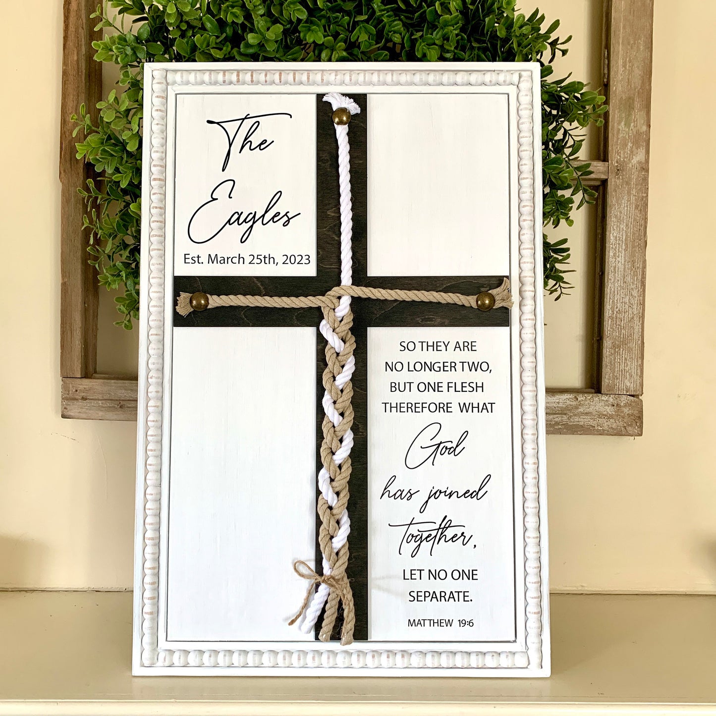 Matthew 19:6 What God has joined together let no one separate, unity ceremony, braided cord cross sign, natural & white cords.