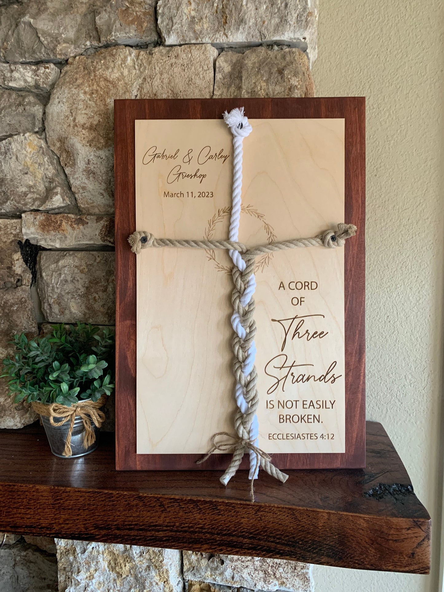 ENGRAVED, A Cord of Three Strands is Not Easily Broken Unity Ceremony Sign, Personalized Gift for Couple, Anniversary Gift