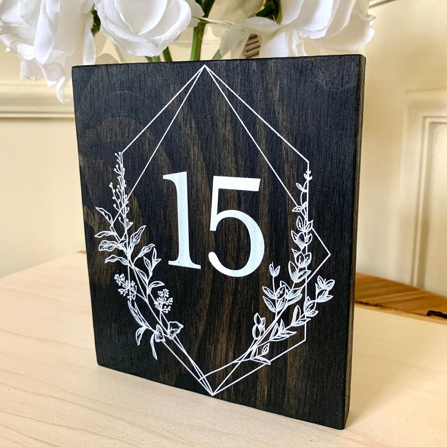 Wood Table Number with Floral Accent, Wedding Table Numbers, Table Number Signs