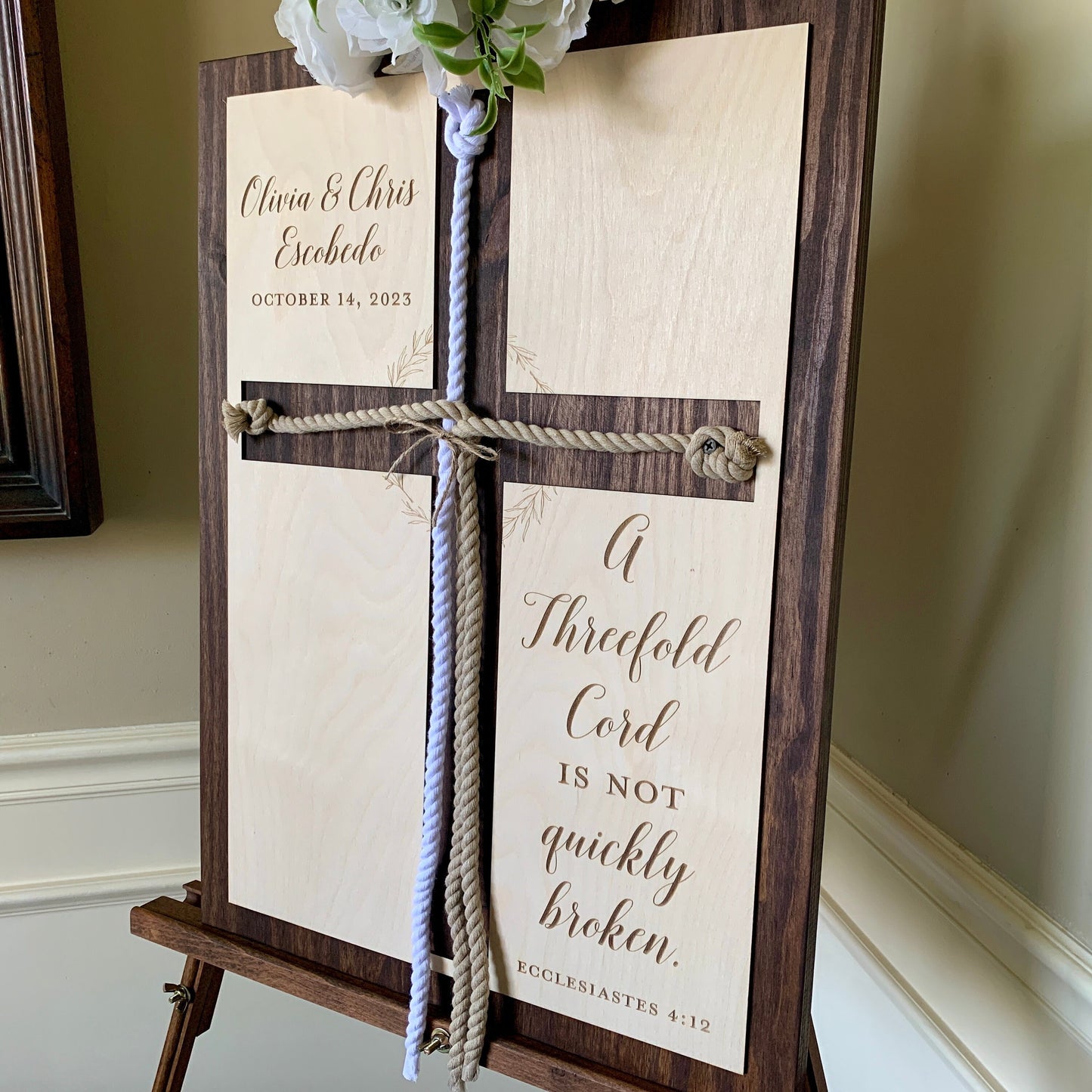 ENGRAVED, A Threefold Cord is not quickly Broken, Unity Ceremony Sign, Personalized Gift for Couple, Anniversary Gift, Ecclesiasted 4:12 KJV