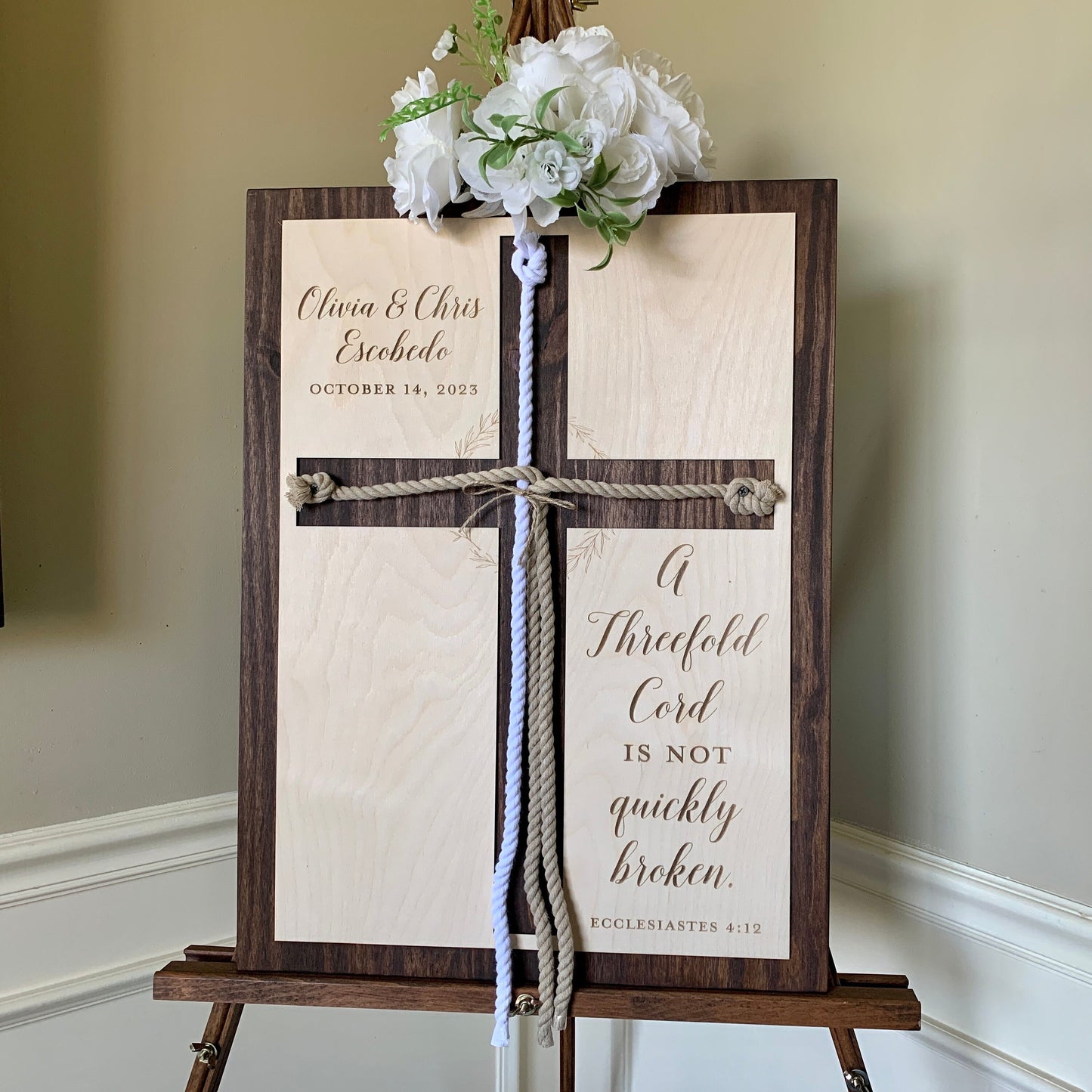 ENGRAVED, A Threefold Cord is not quickly Broken, Unity Ceremony Sign, Personalized Gift for Couple, Anniversary Gift, Ecclesiasted 4:12 KJV