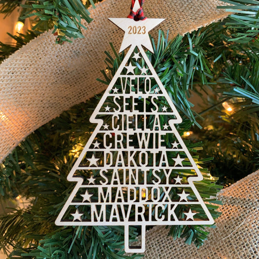 Family Names Tree Ornament, Custom Laser Cut Wood Ornament