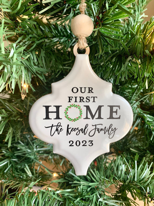 Our First Home Ornament, Personalized Ceramic Family Name Ornaments, Family Monogram Christmas Tree Ornament