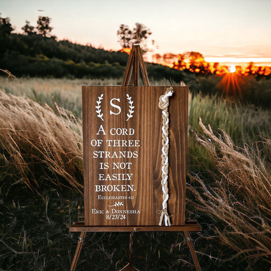 A Cord Of Three Strands Wedding Sign, 2 Natural Cords/1 White Cord, Unity Ceremony, Ecclesiastes 4:12, (Dark Walnut Color Shown)